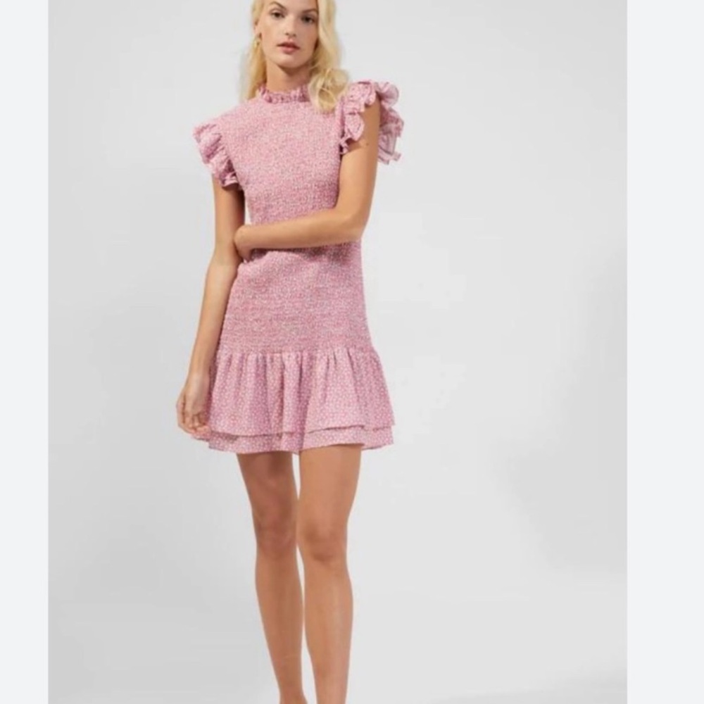 French Connection Womens Pink Smocked Summer Flutter Sleeve Mini Dress Large NWT